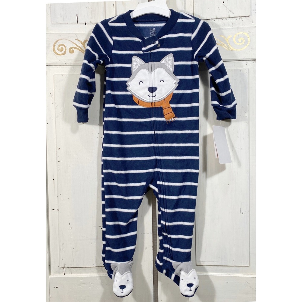Carters Just One You Baby Boy 9M Fleece Wolf Footed Sleeper Navy Striped New